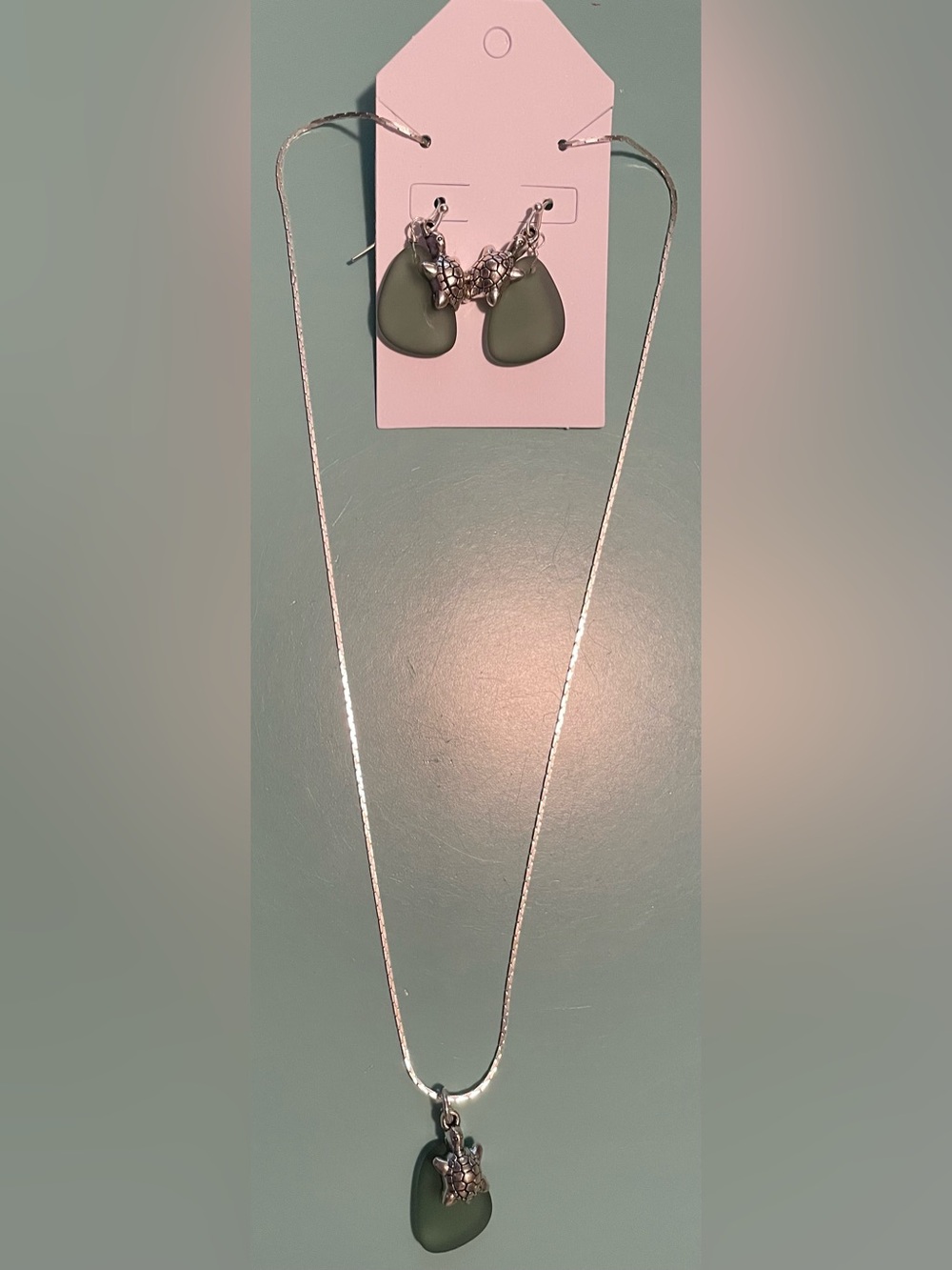 Silver Necklace with Green Sea Glass Pendant & Turtle Charms - Matching Earrings
